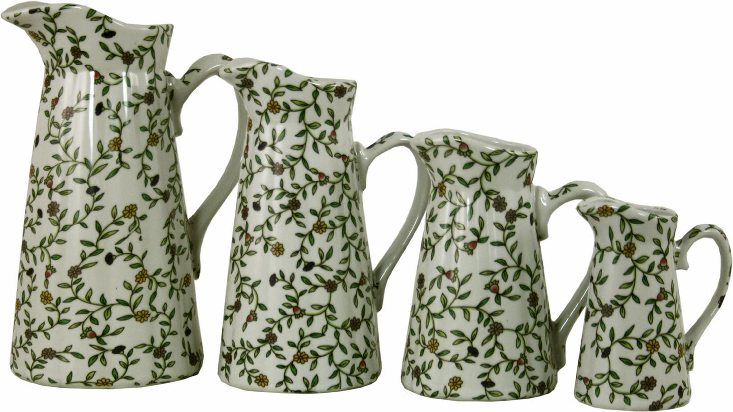 Set of 4 Ceramic Jugs, Vintage Green & White Floral Design