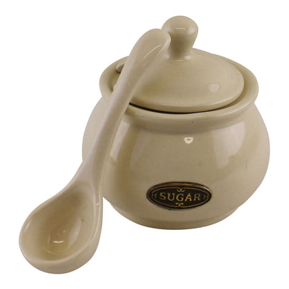 Country Cottage Cream Ceramic Sugar Bowl With Lid & Spoon