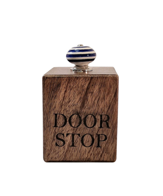 Mango Wood Doorstop With Blue Ceramic Knob