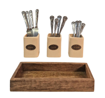 Knife, Fork & Spoon Ceramic Holder Set, with Mango Wood Tray