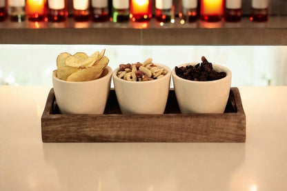 Set of 3 Ceramic Snack/Nibble Bowls with Mango Wood Tray