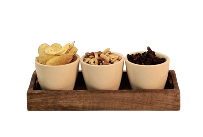 Set of 3 Ceramic Snack/Nibble Bowls with Mango Wood Tray