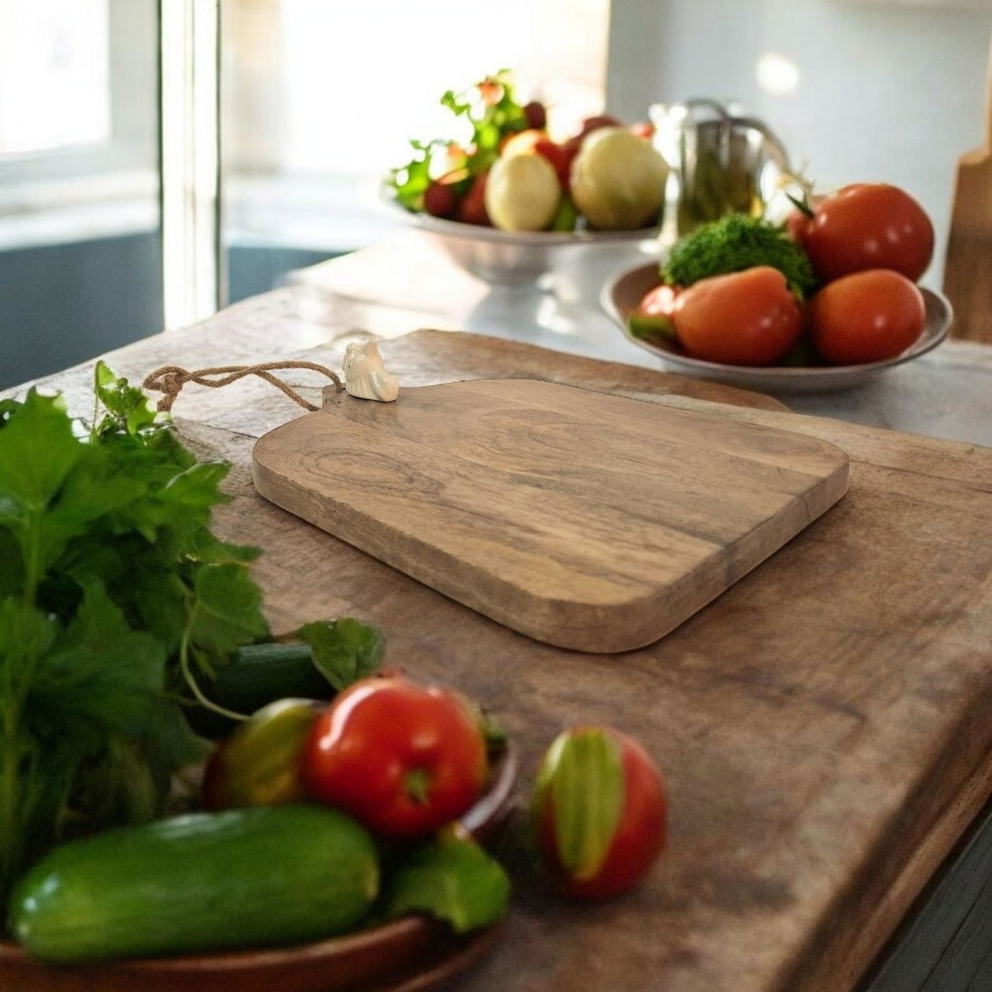 Small Mango Wood Chopping Board with Ceramic Chicken Head