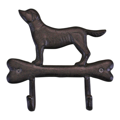 Rustic Cast Iron Wall Hooks, Gun Dog Design With 2 Hooks