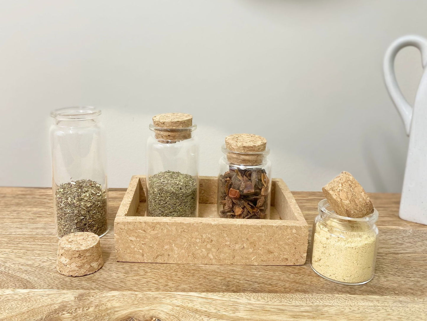 Cork Tray With Four Glass Bottles & Lids