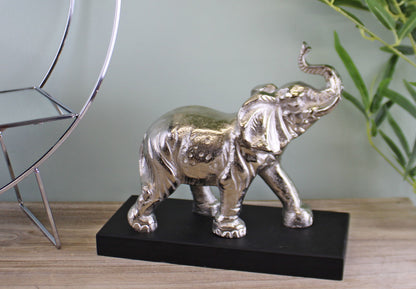 Large Ornamental Silver Metal Elephant On Plinth