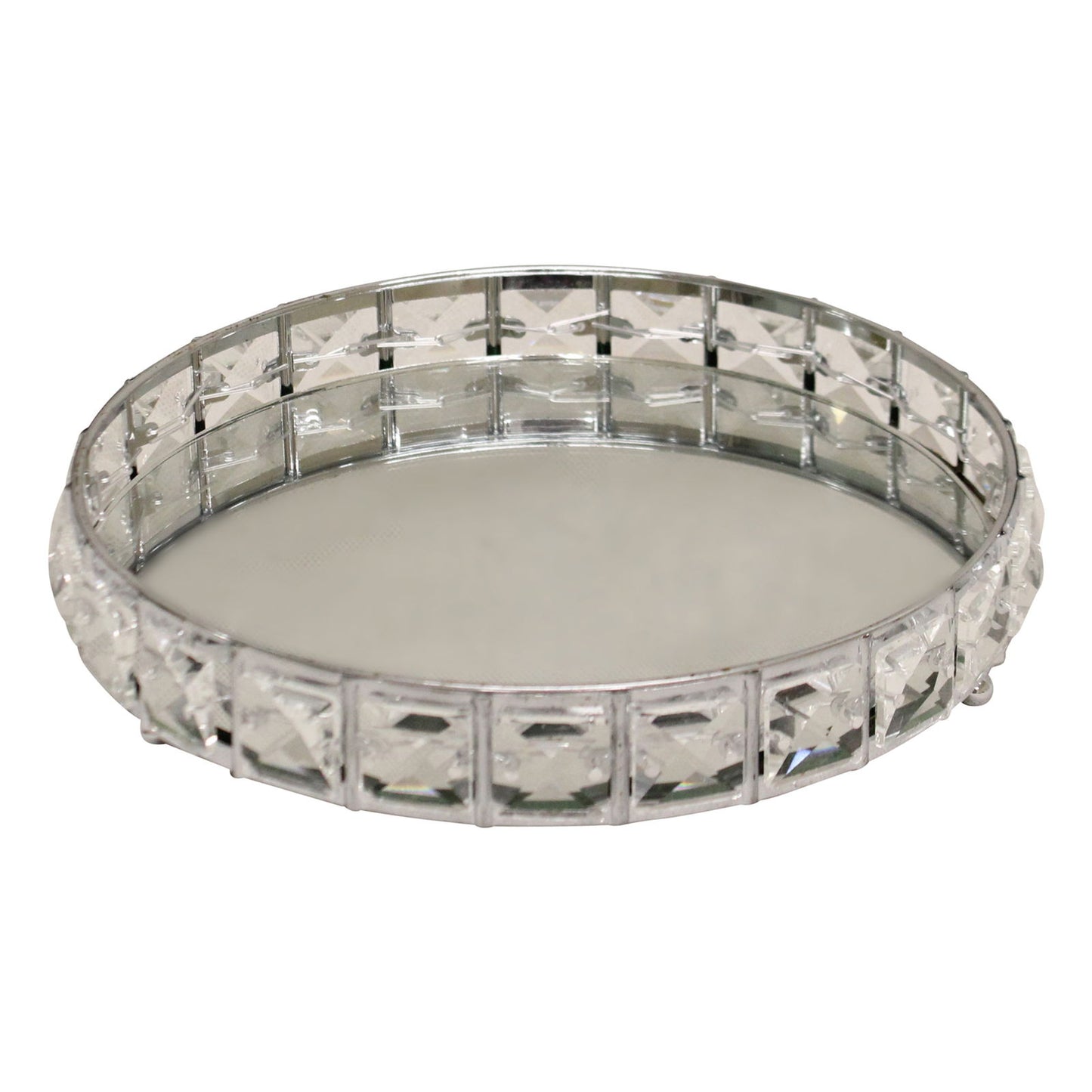 Small Mirrored Silver Tray With Bead Design, 21cm.