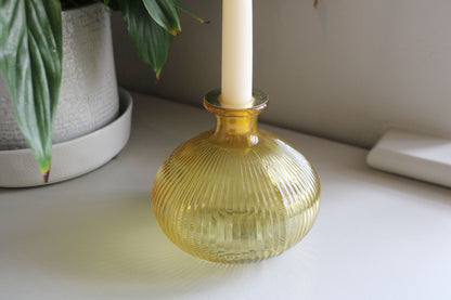 Yellow Ribbed Glass Candle Holder