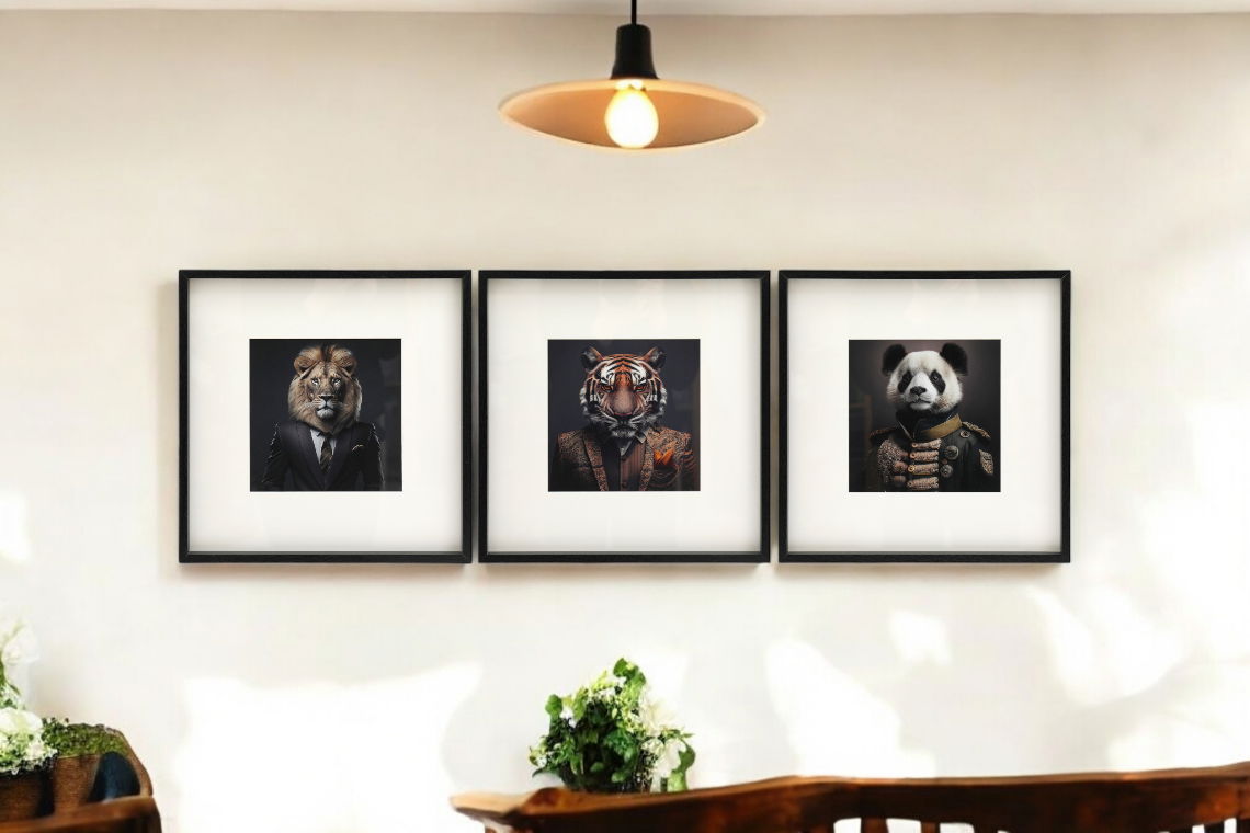 Set of 3 Jungle Animal Head Prints Picture Art 40x40cm