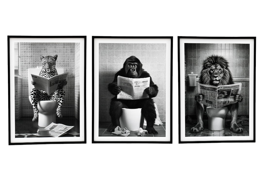 Set of 3 Animal's on the Toilet Framed Canvas 20x25cm